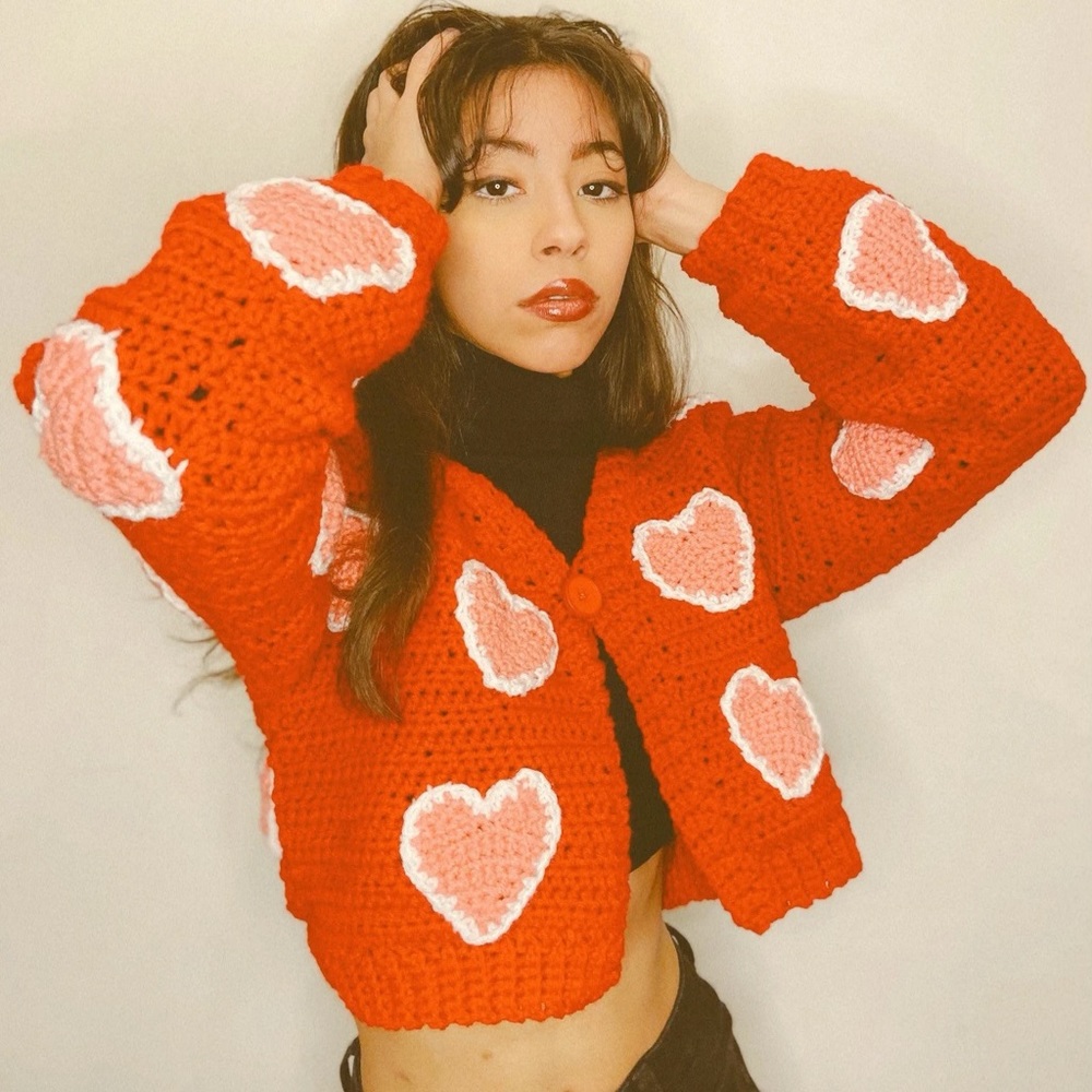 Hand knit/crochet heart cardigan
